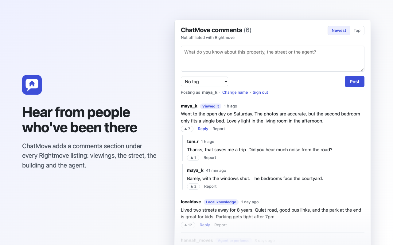 The ChatMove comments panel showing comments from people who viewed a flat